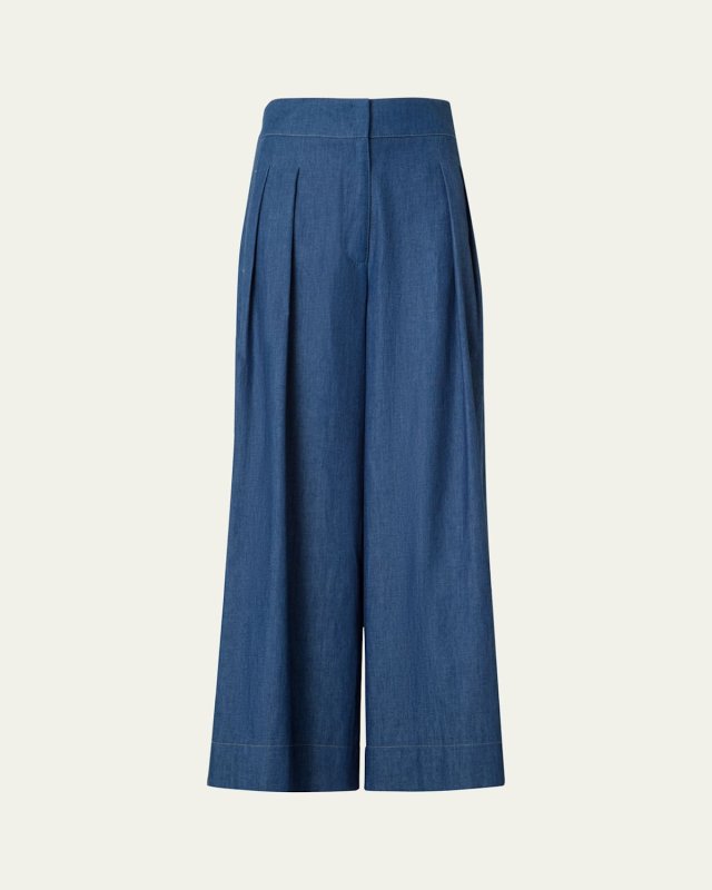 Federica Pleated Wide-Leg Cotton Denim Pants